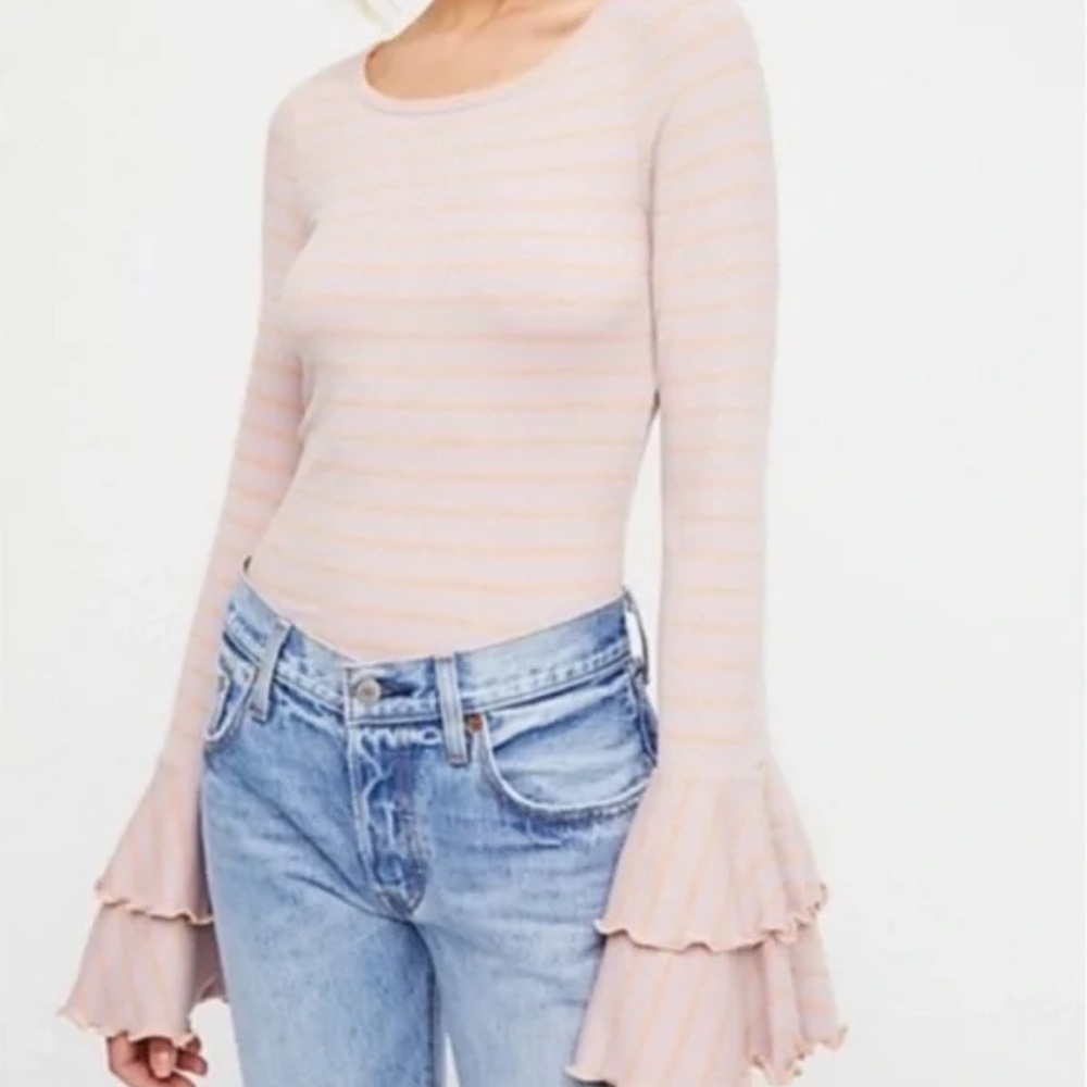 Free People We the Free Striped Good Find Bell Sleeve in Lilac/Peach (XS)